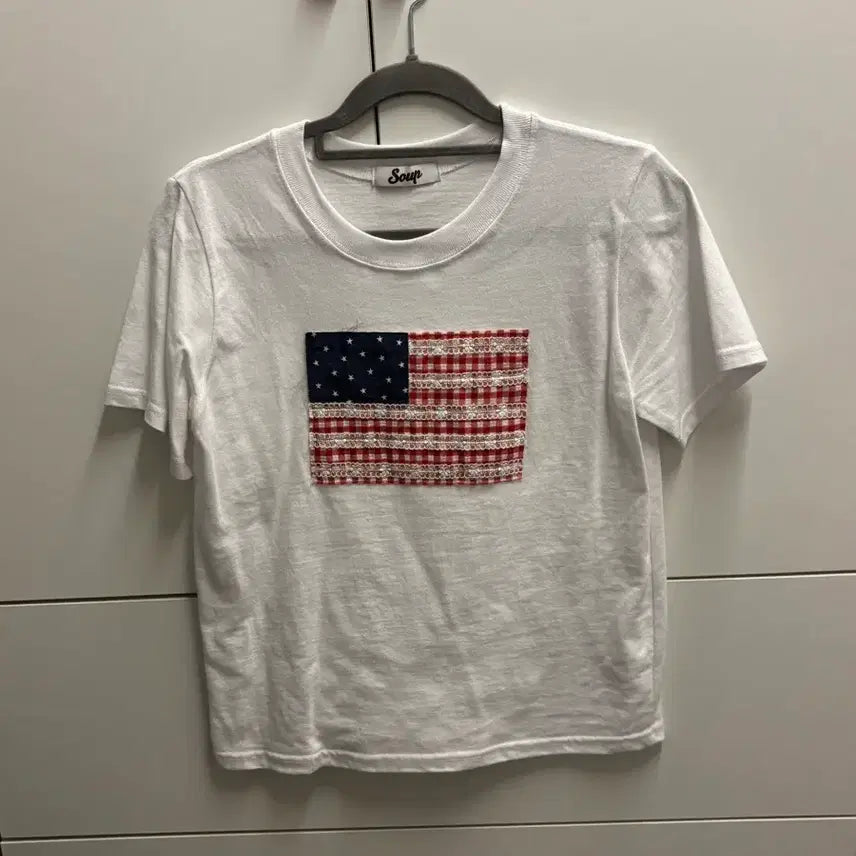 [BUNJANG] American Flag Patch Short Sleeve T-Shirt Ivory / 성조기 패치 반팔 티셔츠 아이보리