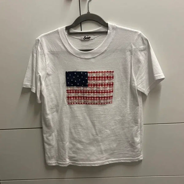 [BUNJANG] American Flag Patch Short Sleeve T-Shirt Ivory / 성조기 패치 반팔 티셔츠 아이보리