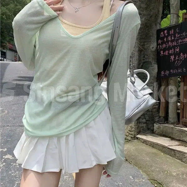 [BUNJANG] Hush Deep V-Neck See-Through Long Sleeve Set (Mint) / [빠른발송] 허쉬 딥 브이넥 시스루 긴팔 set 간절기 나시세트 민