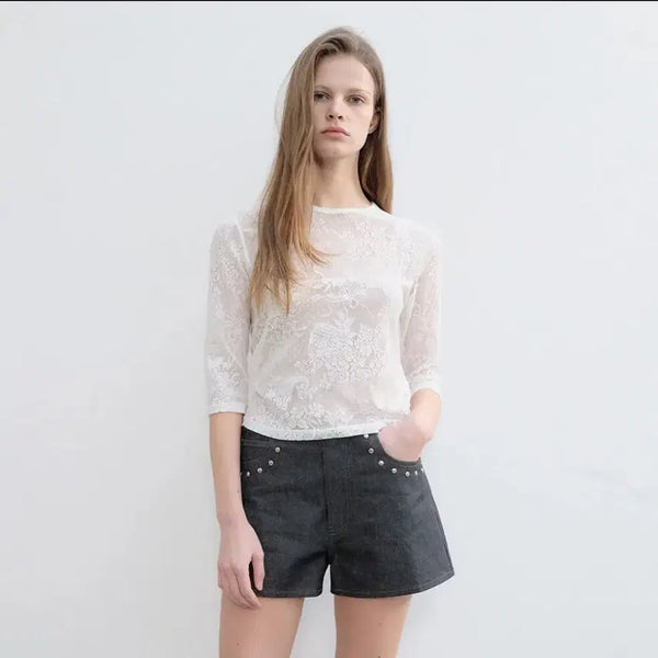 [BUNJANG] Yunse Lace Sleeve T-shirt White / 윤세YUNSE 레이스 슬리브 티 화이트