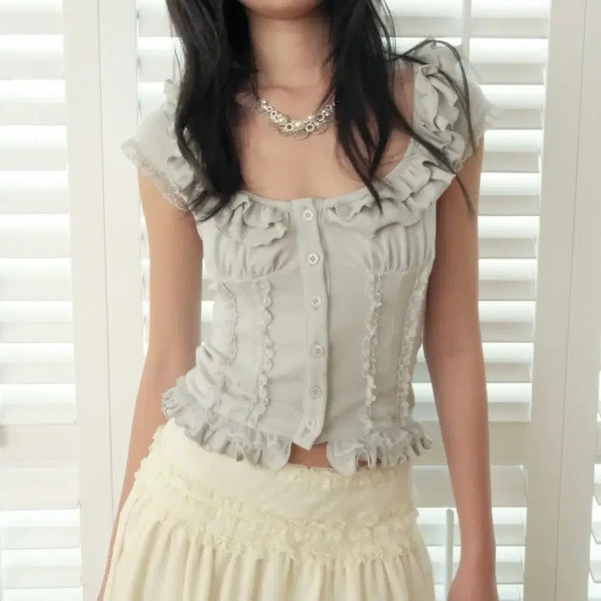 [BUNJANG] Loose Sleepover Soft Ruffle Blouse - Ash Sage (M) / 루즈슬립오버 소프트 러플 블라우스 애쉬 세이지 M