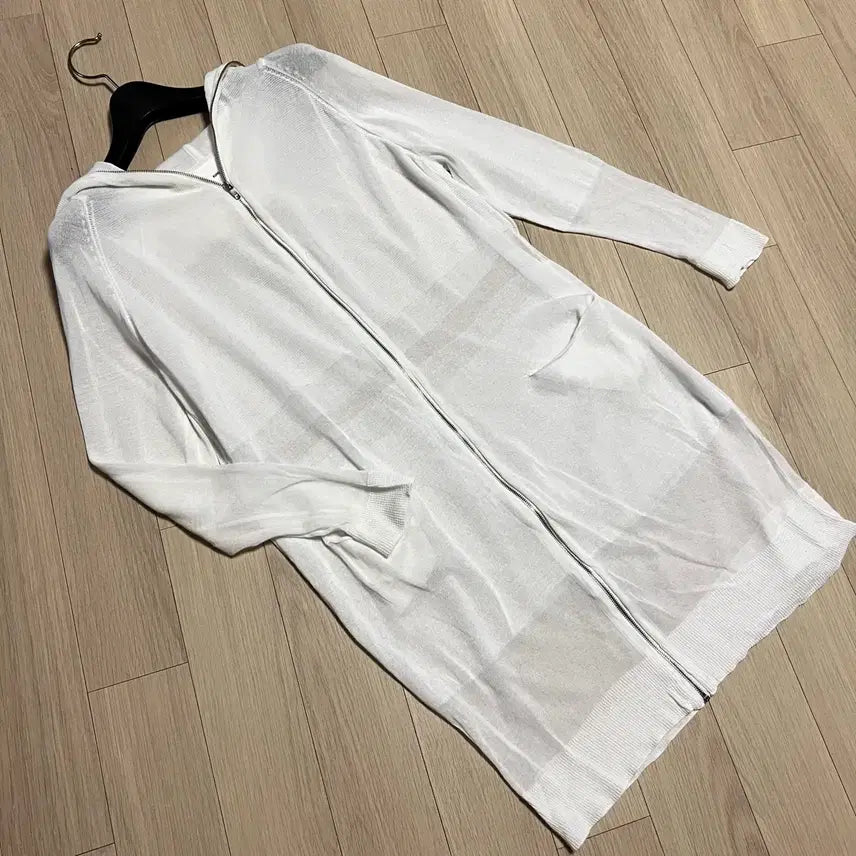 [BUNJANG] KUHO Rayon Cotton Hooded Long Cardigan with Sheer Panel Zip-Up / 구호 KUHO 인견 코튼 후드 롱가디건 시스루배색 쉬어 면 집업 화이트 흰색 여름 실내 살안타