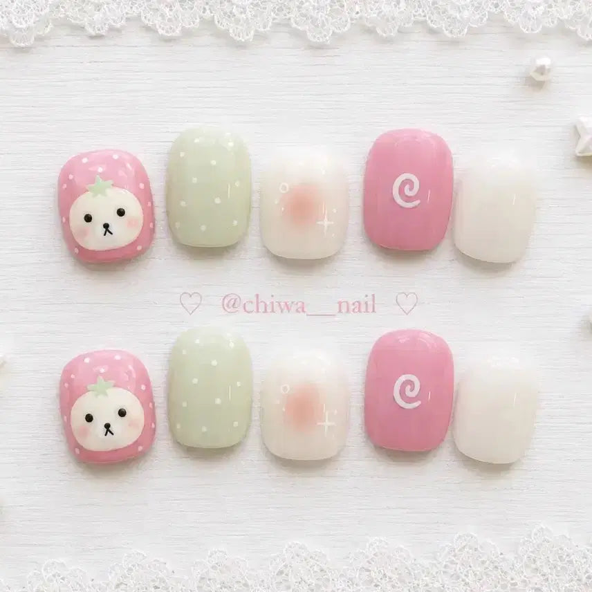 [BUNJANG] Handmade Strawberry Rilakkuma Nail Tips / 주문제작 딸기 코리락쿠마 수제네일팁