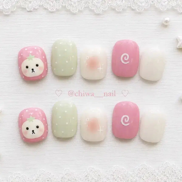 [BUNJANG] Handmade Strawberry Rilakkuma Nail Tips / 주문제작 딸기 코리락쿠마 수제네일팁