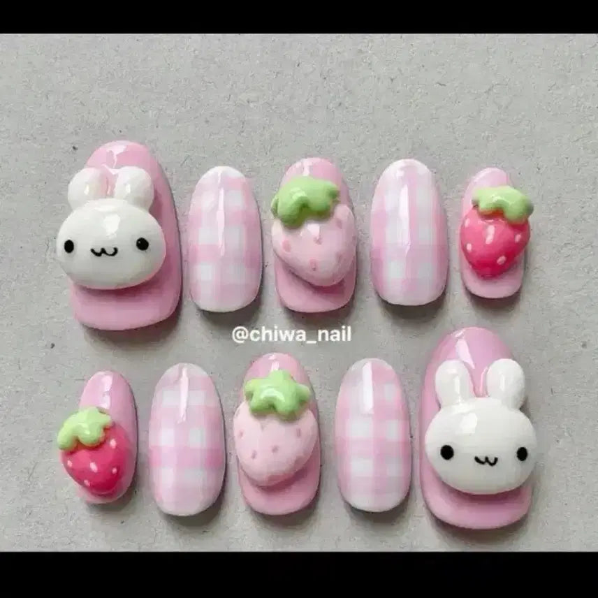 [BUNJANG] Custom Strawberry Rabbit Checkered Handmade Nail Tips / 주문제작 딸기토끼 체크 수제네일팁