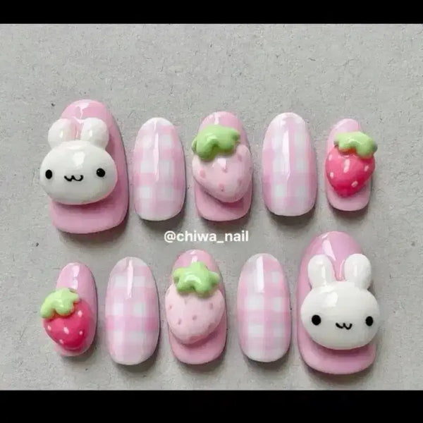 [BUNJANG] Custom Strawberry Rabbit Checkered Handmade Nail Tips / 주문제작 딸기토끼 체크 수제네일팁