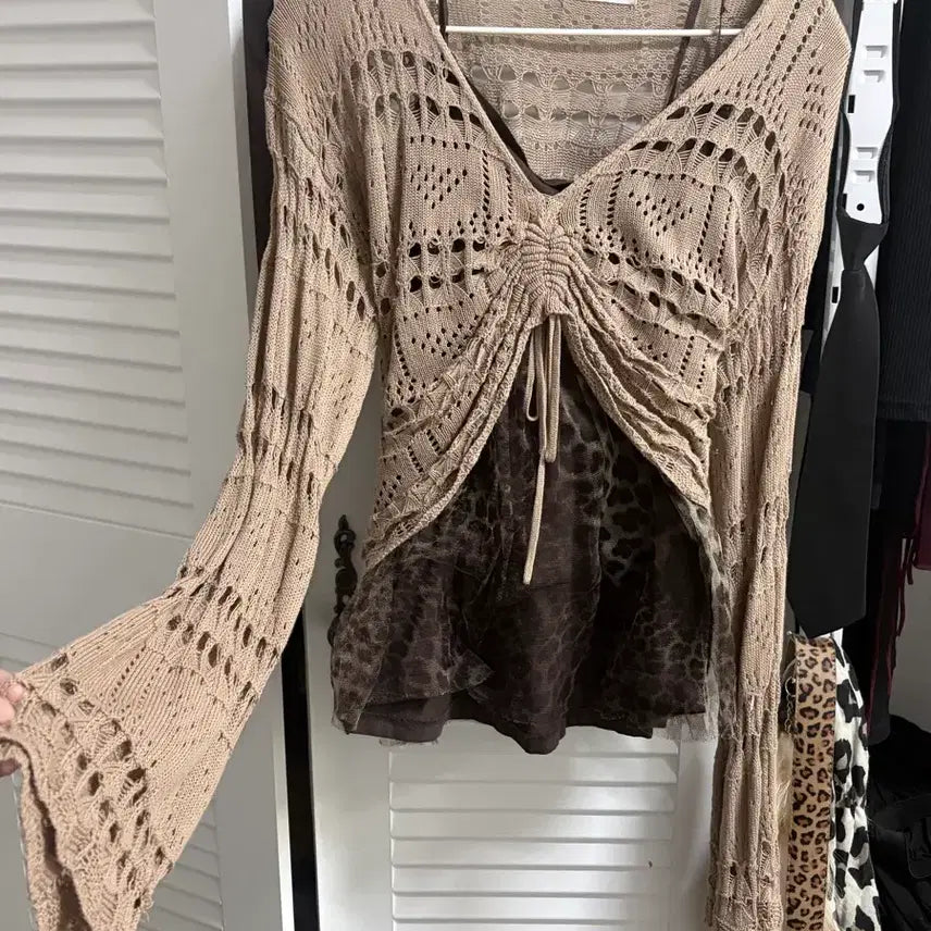 [BUNJANG] Vintage Giallo Leopard Print Camisole Knit Set / 빈티지 갸루 레이어드 호피 나시 니트 세트 그런지