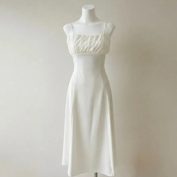 [BUNJANG] Pure White Satin Volume Shirring Sleeveless Dress / 수입의류 퓨어화이트 새틴 볼륨 셔링 슬리브리스 원피스 드레스