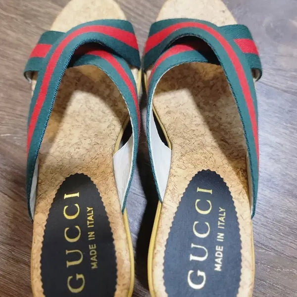 [BUNJANG] Gucci Signature Green/Red Stripe Cork Sole Sandals Size 250 / 구찌 샌들 사이즈: 250