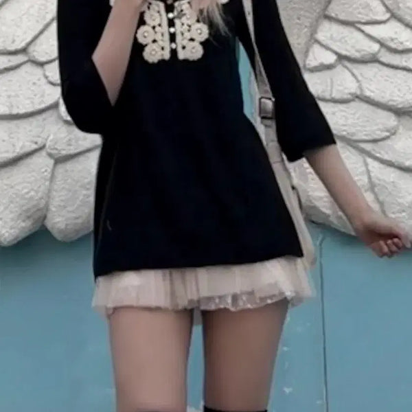 [BUNJANG] Mori Girl Lace 3/4 Sleeve T-Shirt / 모리걸 레이스 7부 티셔츠