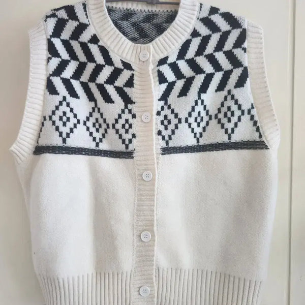 [BUNJANG] Knit Vest Ivory Color Block Pattern / 니트 조끼 아이보리 배색 패턴