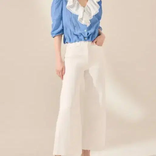 [BUNJANG] Mine Blue Frill Blouse / 마인 블라우스. 블루 컬러 프릴 블라우스
