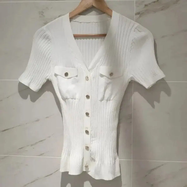 [BUNJANG] V-Neck Knit Short Sleeve Top with Gold Buttons / 반팔 브이넥 니트 s