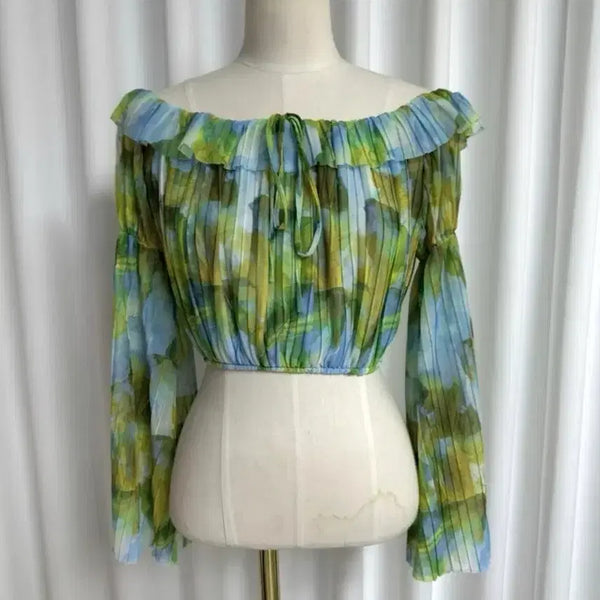 [BUNJANG] ZARA Pleated Off-Shoulder Chiffon Crop Blouse M / (새상품) ZARA 자라 플리츠 오프숄더 쉬폰 크롭 블라우스 M (44~55반 추천)