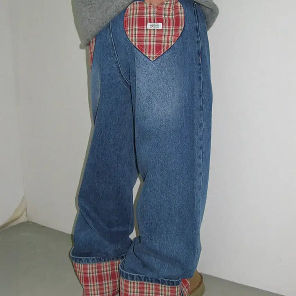 [BUNJANG] Ronron Patch Roll-Up Wide Fit Denim Pants Red Check M / 론론 패치 롤업 데님 팬츠 레드 체크 M