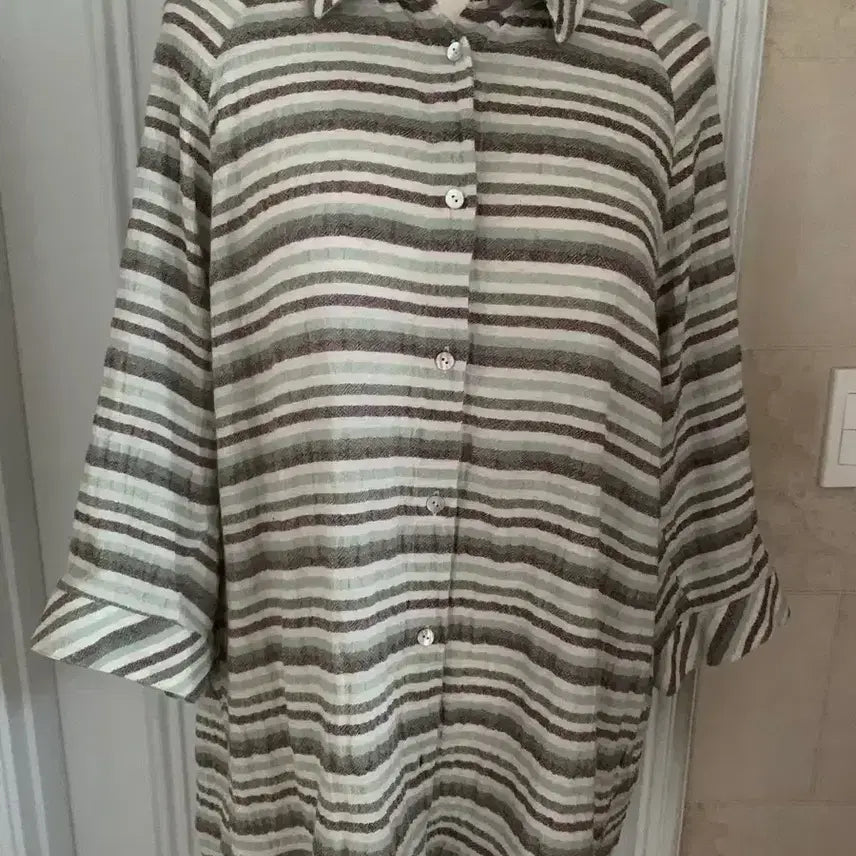 [BUNJANG] isae Stripe Cotton-Linen Blend Blouse Jacket Shirt / 이새isae 스트라이프 면.마 브라우스자켓셔츠 줄문양 퍼플/카키/그린