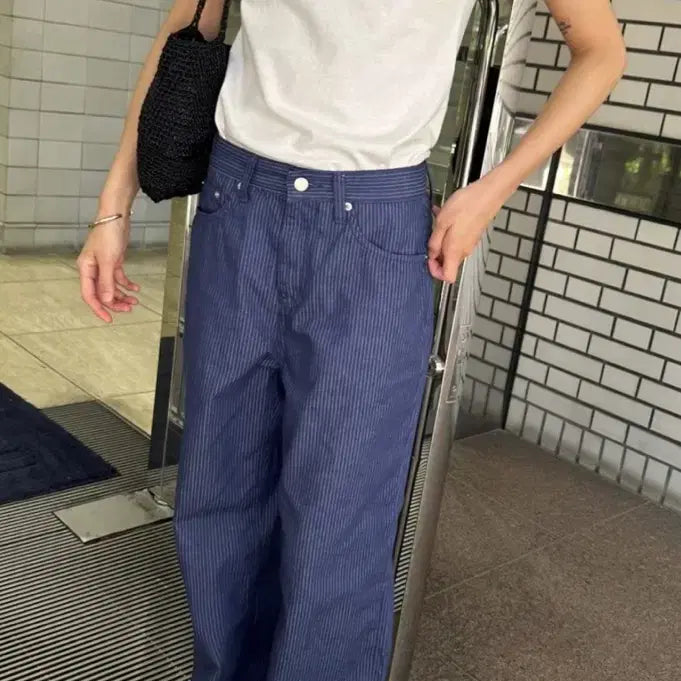 [BUNJANG] POSZER Blue Stripe Wide Denim Pants Size 3 / [1회착용] POSZER 포저 블루 스트라이프 와이드 데님 팬츠