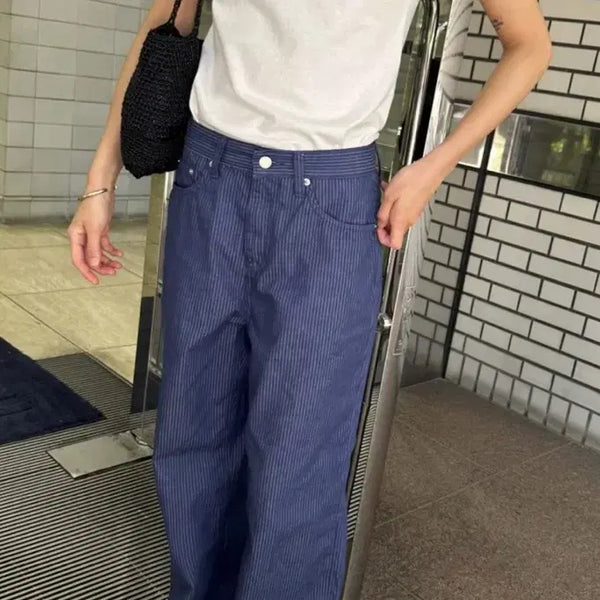 [BUNJANG] POSZER Blue Stripe Wide Denim Pants Size 3 / [1회착용] POSZER 포저 블루 스트라이프 와이드 데님 팬츠