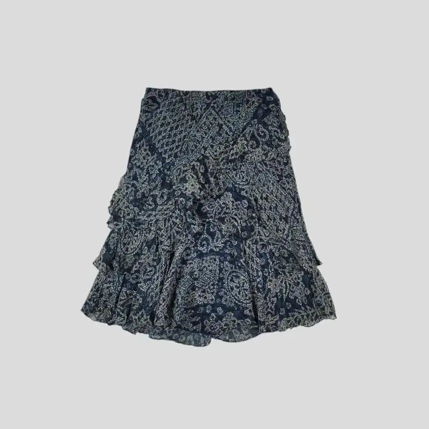 [BUNJANG] Lauren Ralph Lauren Navy Multi-Color Ethnic Pattern Layered Ruffle Bohemian Feminine Silk Midi Skirt / 로렌랄프로렌 네이비 멀티컬러 에스닉패턴 레이어드 러플 보헤미안 페미닌 실크 미디 스커트 치마 33-40