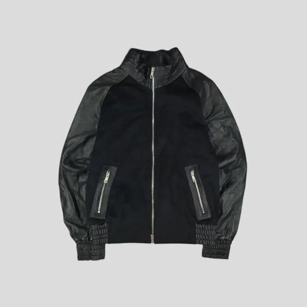 [BUNJANG] THE STRIFE Black Tone Tone Colorblock Lambskin Raglan Two-Way Zip Blouson Bomber Leather Jacket M / THE STRIFE 블랙 톤톤 헤어리 배색 램스킨 양가죽 슬리브 울블렌드 투웨이지퍼 레글런 블루종 봄버 레더자켓 가죽자켓 M