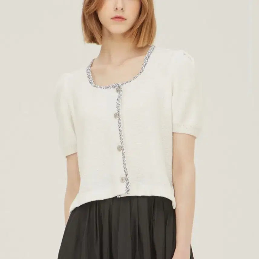 [BUNJANG] Sisley Tweed Color-Block Short-Sleeve Knit Cardigan (New) / 새상품 시슬리 트위드 배색 반팔 니트 가디건 새제품