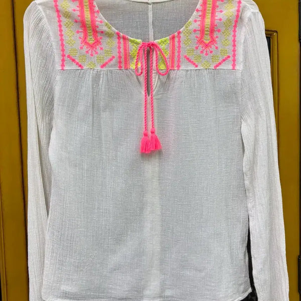 [BUNJANG] 100% Cotton White Neon Embroidery Bohemian Blouse Resort T-Shirt / 100% 코튼) 화이트 네온 자수 보헤미안 블라우스 휴양지 티셔츠