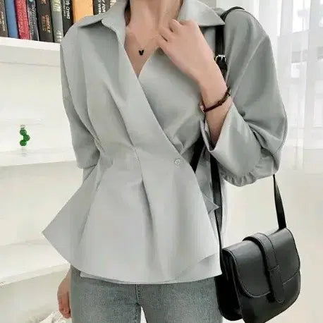 [BUNJANG] Loving You V-Neck Shirring Wrap Blouse (Mint) / [새상품] 러빙유 브이넥 셔링 랩 블라우스 (민트)