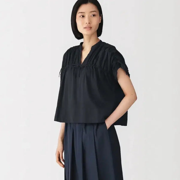 [BUNJANG] MUJI LABO Cotton Satin Gather Blouse Navy M / 무인양품 MUJI LABO 면 새틴 개더 블라우스 M