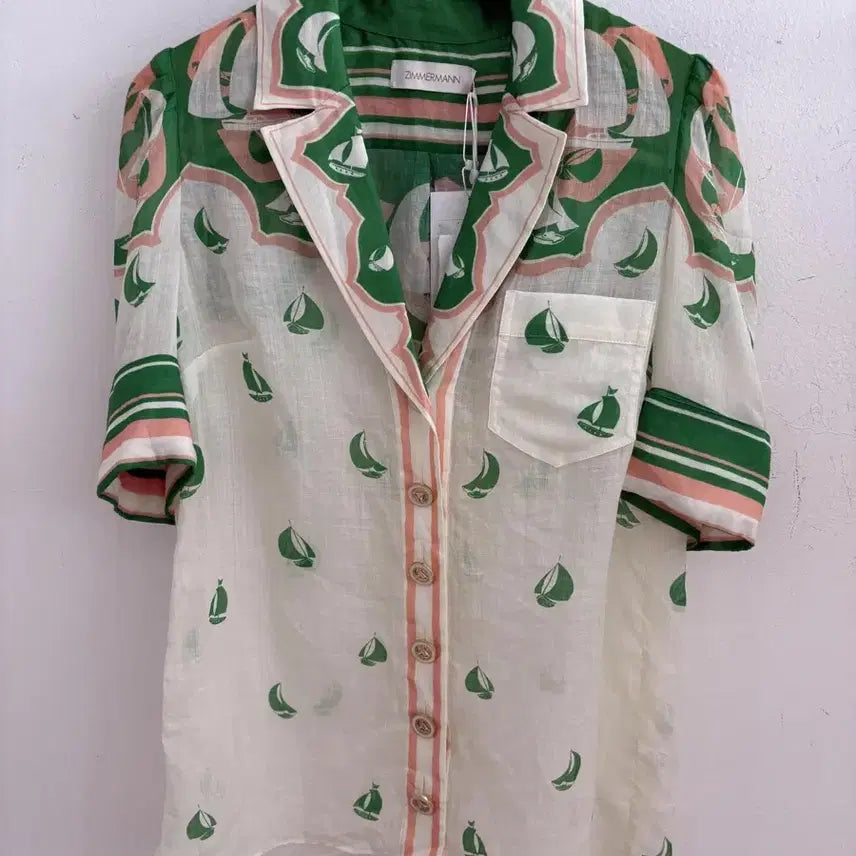 [BUNJANG] Zimmermann Ivory/Green Linen Blend Shirt Size 0 / 짐머만 셔츠