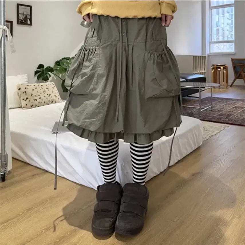 [BUNJANG] Pumpkin Cargo Skirt Balloon Midi Skirt with Ruffles and Pockets / 펌킨 카고 치마 벌룬 스커트 포켓 미디 스커트 프릴 치마