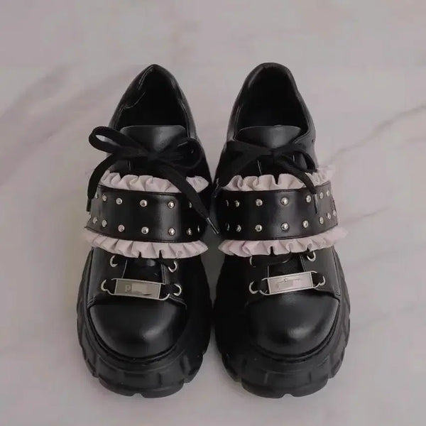 [BUNJANG] Pium Frill Belt Volume Sneakers Black / pium 프릴 벨트 볼륨 스니커즈 블랙 피움 스나계 걸리계 지뢰계 양산형 요스케 리즈리사 운동화 통굽