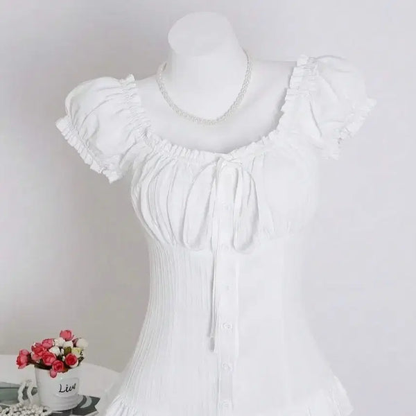[BUNJANG] SHEIN Summer Ruffle Ribbon Short Sleeve Shirt Blouse / 쉬인 여름 러플 리본 반팔 셔츠 블라우스