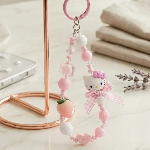 [BUNJANG] Hello Kitty Peach Beads Keychain Pink Handmade / 새제품 헬로키티 복숭아 비즈 키링 핑크