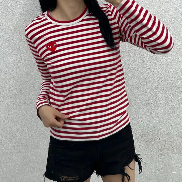 [BUNJANG] Comme des Garçons Heart Appliqué Striped Long Sleeve M / 꼼데가르송 하트와펜 레드 단가라 롱슬리브 M