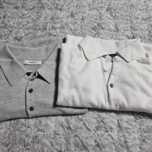 [BUNJANG] Mannergram Color Block Short Sleeve Knit White/Gray M / 매너그램 카라 반팔 니트 화이트/그레이 m