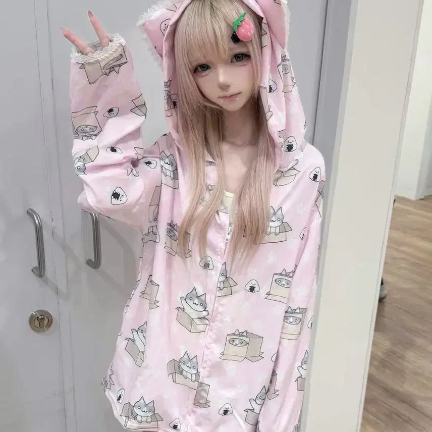 [BUNJANG] Cat Print Cardigan Windbreaker / 고양이 프린트 가디건 귀여운 고양이귀 바람막이