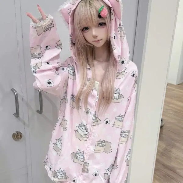[BUNJANG] Cat Print Cardigan Windbreaker / 고양이 프린트 가디건 귀여운 고양이귀 바람막이