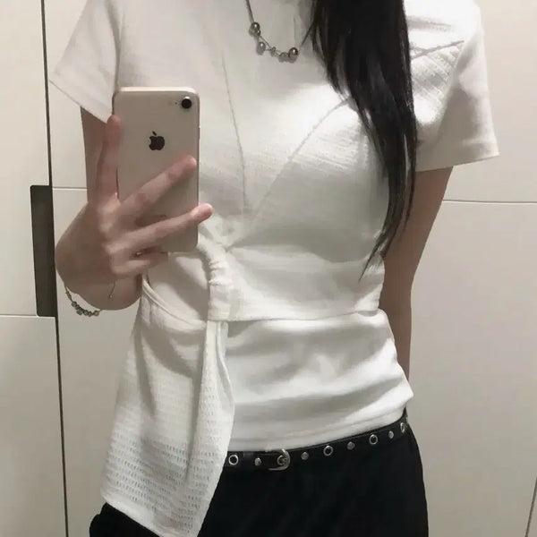 [BUNJANG] Place Studio Waffle Colorblock Shirring Draping Twist Semi-Crop T-Shirt [White] / 플레이스 스튜디오 와플 배색 셔링 드레이핑 트위스트 세미크롭 우먼즈 반팔 티셔츠 [화이트]