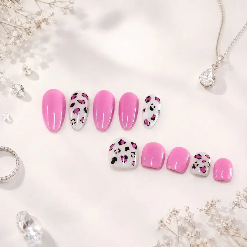 [BUNJANG] Hot Pink Leopard Nail & Pedicure Tips Set / 핫핑크 레오파드 네일&패디팁