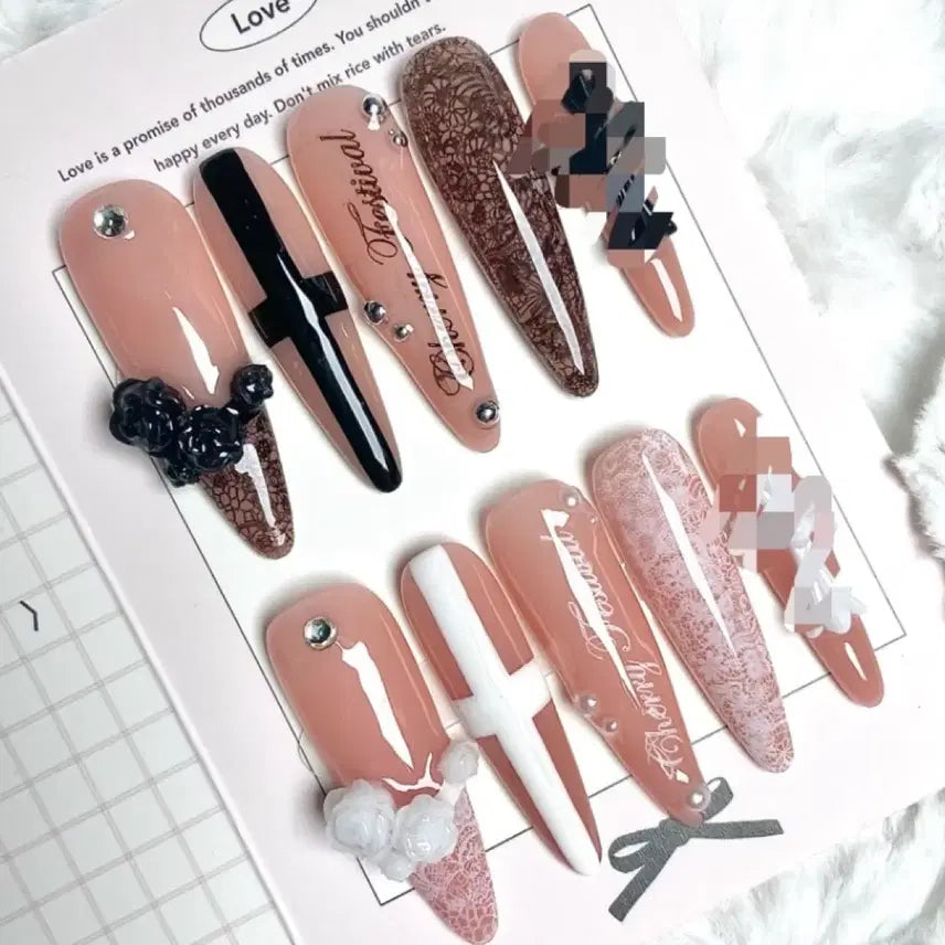 [BUNJANG] Handmade Nail Tips with Rose Lettering Lace and Cross Design / 로즈 누드 레터링 레이스 스탬핑 십자가 수제 네일팁 =3