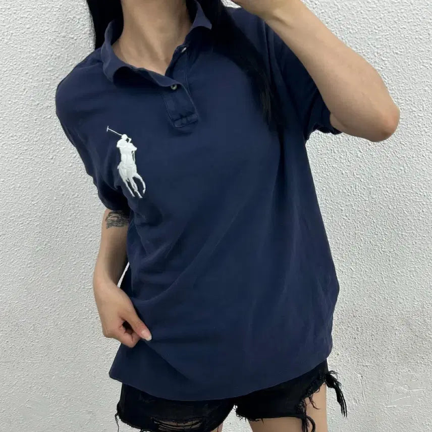 [BUNJANG] Polo Ralph Lauren White Big Logo Navy PK Short Sleeve T-Shirt M / 폴로 랄프로렌 화이트빅로고 네이비 pk반팔 M