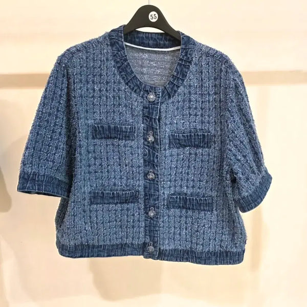 [BUNJANG] Ozweego Ruffle Trimming Boucle Crop Denim Jacket / (@땡처리)오즈 러플트리밍 부클 크롭 데님 자켓