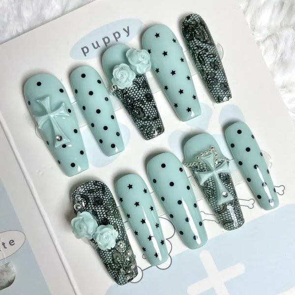 [BUNJANG] Handmade Nail Tips with Mint Core Rose Dot Cross Lace Stamping / 민트 코어 로즈 도트 십자가 레이스 스탬핑 수제 네일팁 =3