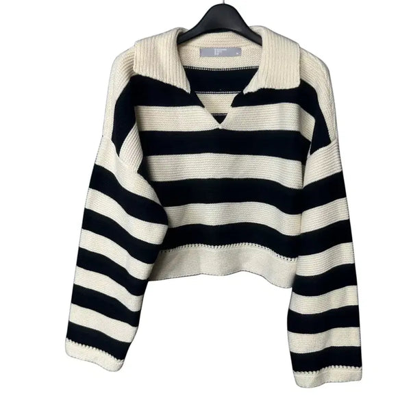 [BUNJANG] 8 Seconds Women's Striped Collar Crop Knit / M 에잇세컨즈 여성 스트라이프 카라 크롭 니트