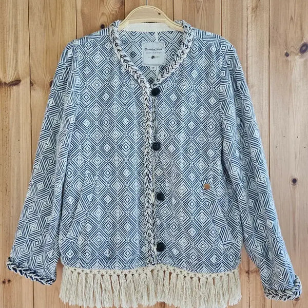[BUNJANG] Thursday Island Ethnic Pattern Short Jacket with Fringed Hem / 써스데이아일랜드 에스닉 패턴 밑단 술장식 숏자켓