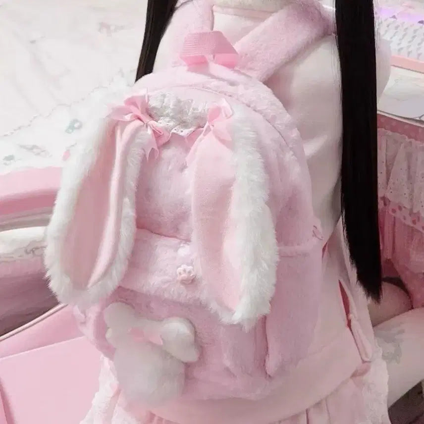 [BUNJANG] Rabbit Ear Fur Backpack with Lace Ribbon / 토끼귀 퍼 백팩 레이스 리본 로리타 배낭 가방