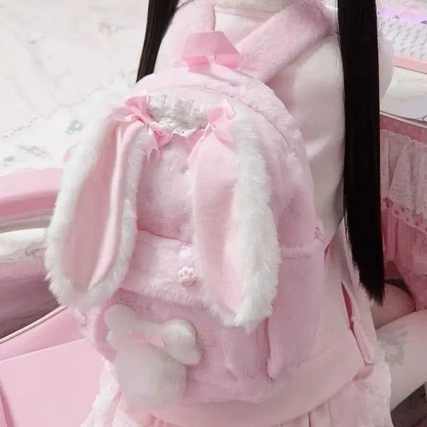 [BUNJANG] Rabbit Ear Fur Backpack with Lace Ribbon / 토끼귀 퍼 백팩 레이스 리본 로리타 배낭 가방