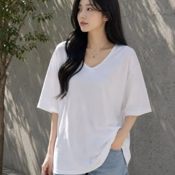 [BUNJANG] V-Neck Asymmetrical Shoulder Pad Short Sleeve T-Shirt (Oversized Fit) / 새상품 브이넥 언발 어깨패드 반팔 루즈핏 티셔츠 빅사이즈 가능 55-88