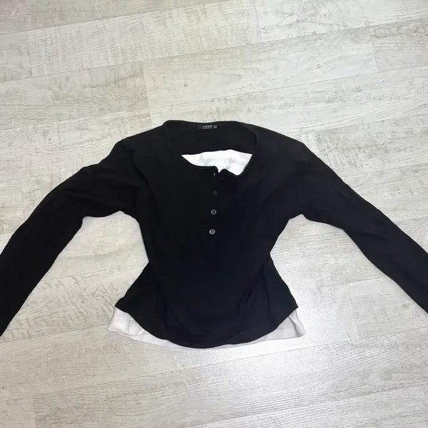 [BUNJANG] Black Long Sleeve Layered T-Shirt / 블랙 긴팔 레이어드 티셔츠