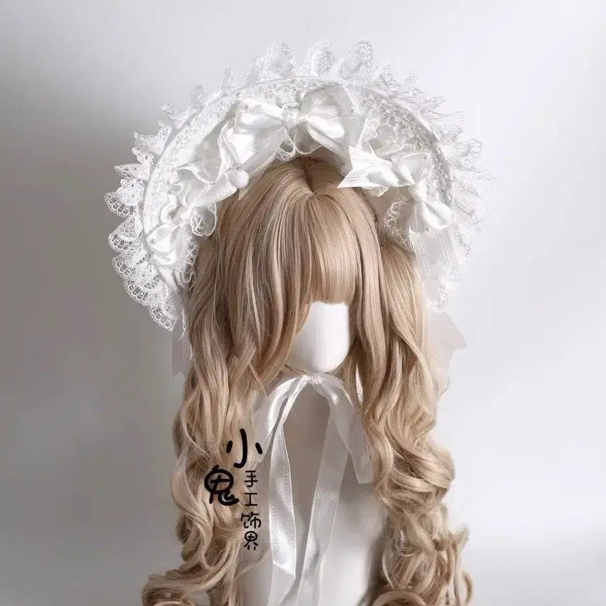 [BUNJANG] Lolita White Lace Bonnet Headdress / 로리타 화이트 레이스 리본 보닛 머리 장식 헤도레 양산형 지뢰계 히메갸루 고스로리 코스프레 졸업사진 구관인형st 헤어장식